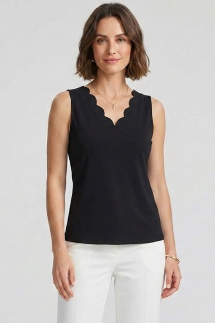 Women’s tank top with scalloped v-neckline and sleeveless design, ideal for casual wear and summer outfits