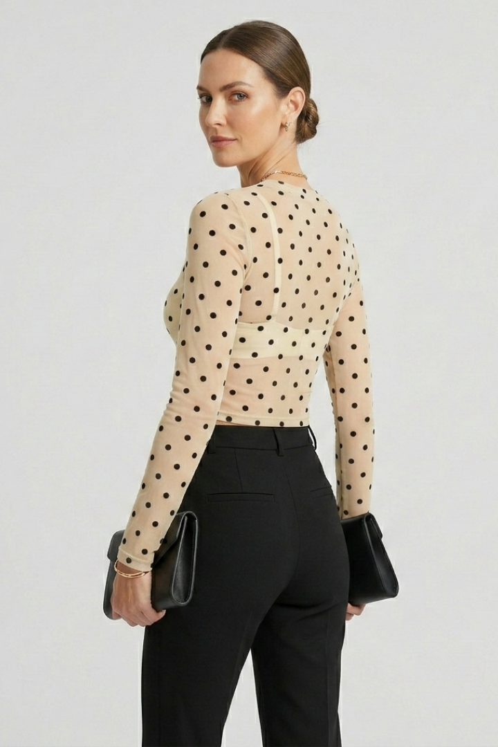 Women’s sheer blouse with round neckline and polka dot textured pattern, designed for casual styling and evening wear
