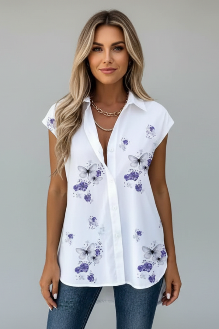 Women’s sleeveless top with V-neckline, button-front closure, loose fit, and printed design, suitable for summer wear and casual outfits.