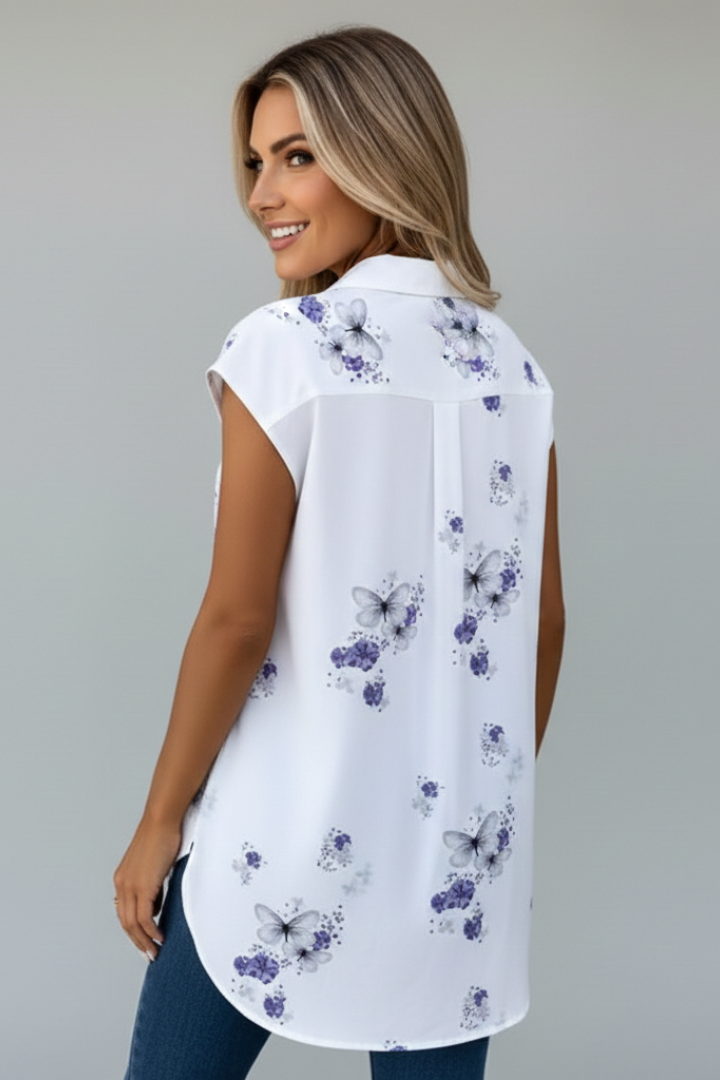 Women’s sleeveless top with V-neckline, button-front closure, loose fit, and printed design, suitable for summer wear and casual outfits.