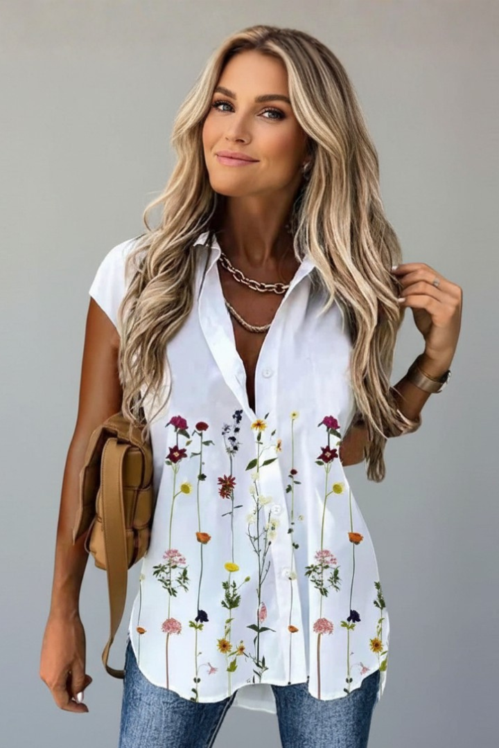 Women’s sleeveless top with V-neckline, button-front closure, loose fit, and printed design, suitable for summer wear and casual outfits.