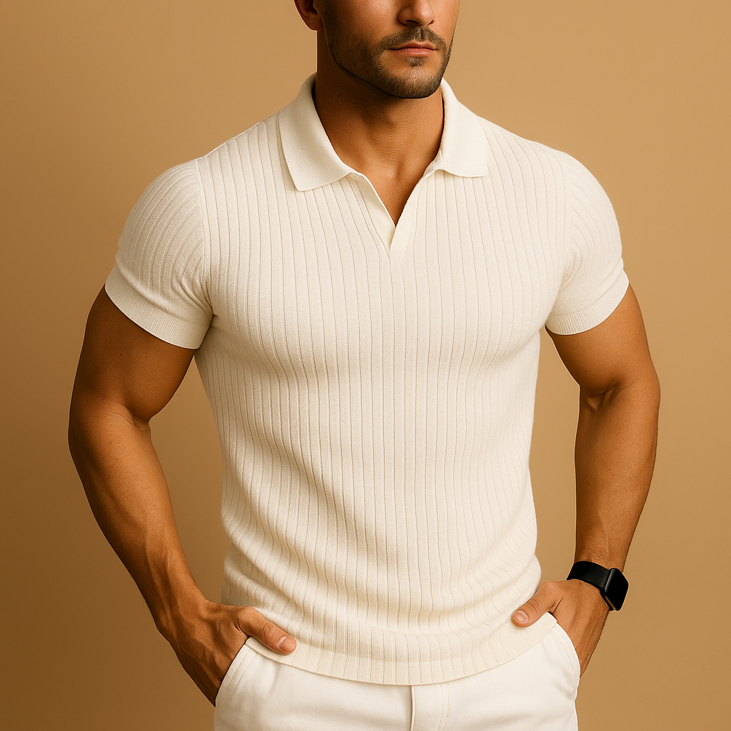 Men’s slim fit polo shirt with V-neck collar and subtle striped texture, ideal for casual and smart-casual outfits.