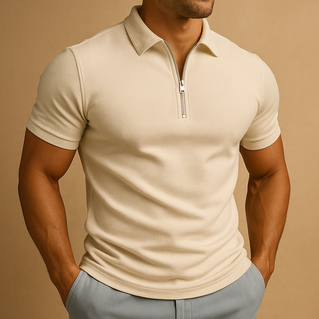 Men’s slim fit polo shirt with zipper collar and breathable design, ideal for work, casual wear, and everyday comfort.