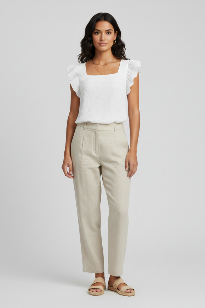 Women’s square neck blouse with short sleeves, loose fit, and textured woven surface, suitable for everyday wear and casual outfits.