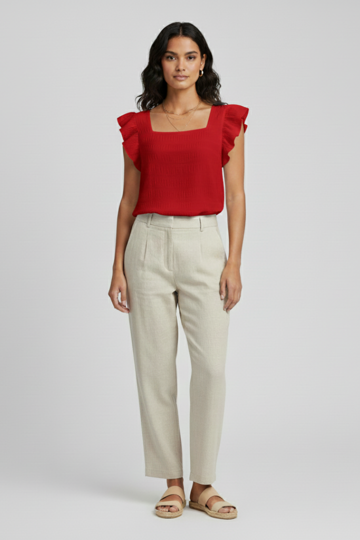 Women’s square neck blouse with short sleeves, loose fit, and textured woven surface, suitable for everyday wear and casual outfits.