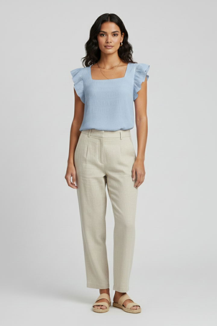 Women’s square neck blouse with short sleeves, loose fit, and textured woven surface, suitable for everyday wear and casual outfits.