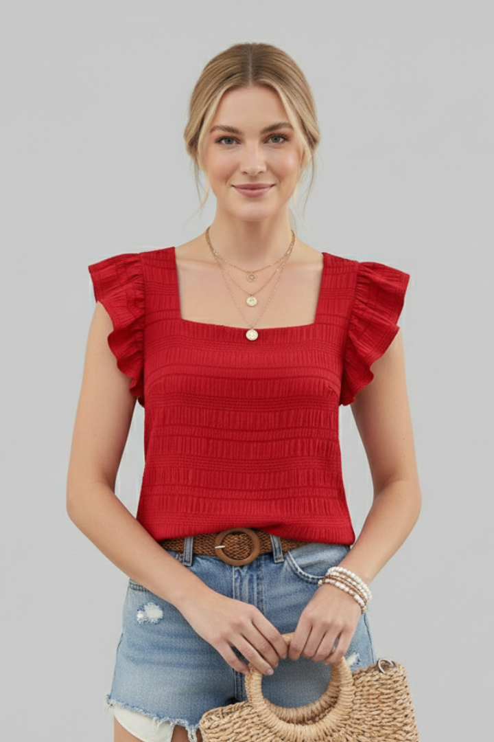 Women’s square neck blouse with flutter cap sleeves, relaxed fit, and textured surface, suitable for everyday wear and casual outfits.