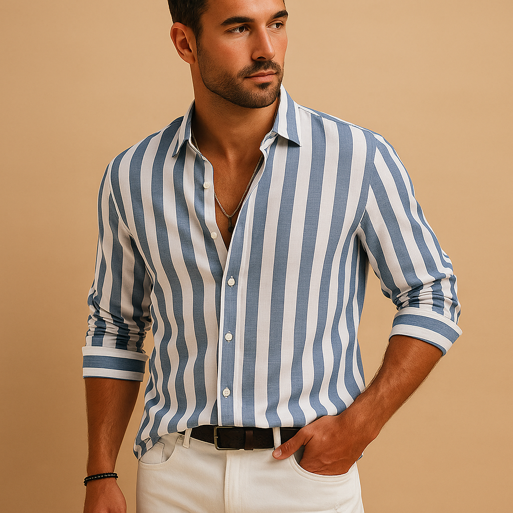Men’s striped long sleeve shirt with tailored fit in blue and white, perfect for office wear, formal occasions, and everyday style.