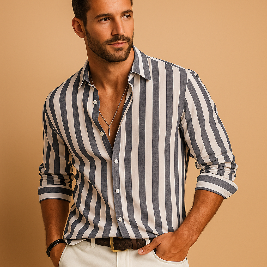 Men’s striped long sleeve shirt with tailored fit in blue and white, perfect for office wear, formal occasions, and everyday style.