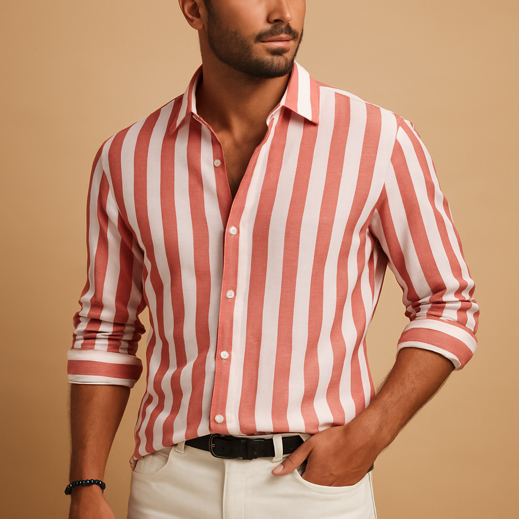 Men’s striped long sleeve shirt with tailored fit in blue and white, perfect for office wear, formal occasions, and everyday style.