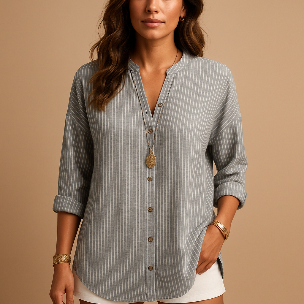 Women’s striped V-neck shirt with long sleeves, ideal for office wear, casual outfits, and formal occasions.