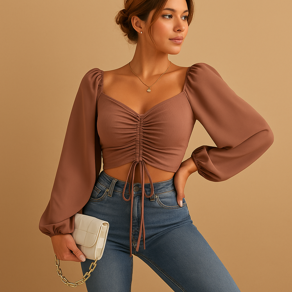 Women’s sweetheart neckline blouse with lace-up detail in multiple colors, ideal for casual wear and festive occasions.