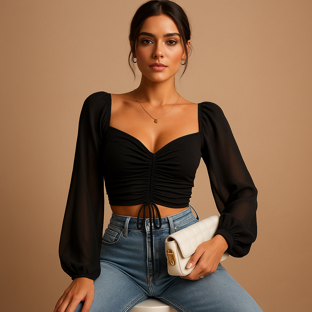 Women’s sweetheart neckline blouse with lace-up detail in multiple colors, ideal for casual wear and festive occasions.