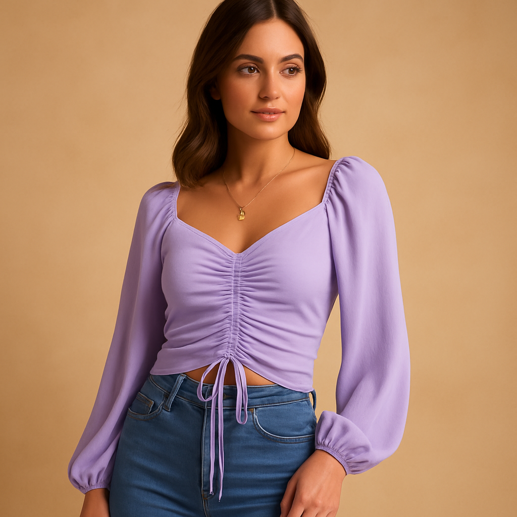 Women’s sweetheart neckline blouse with lace-up detail in multiple colors, ideal for casual wear and festive occasions.