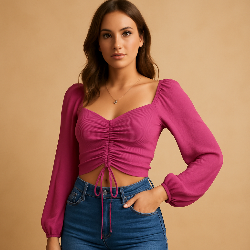 Women’s sweetheart neckline blouse with lace-up detail in multiple colors, ideal for casual wear and festive occasions.