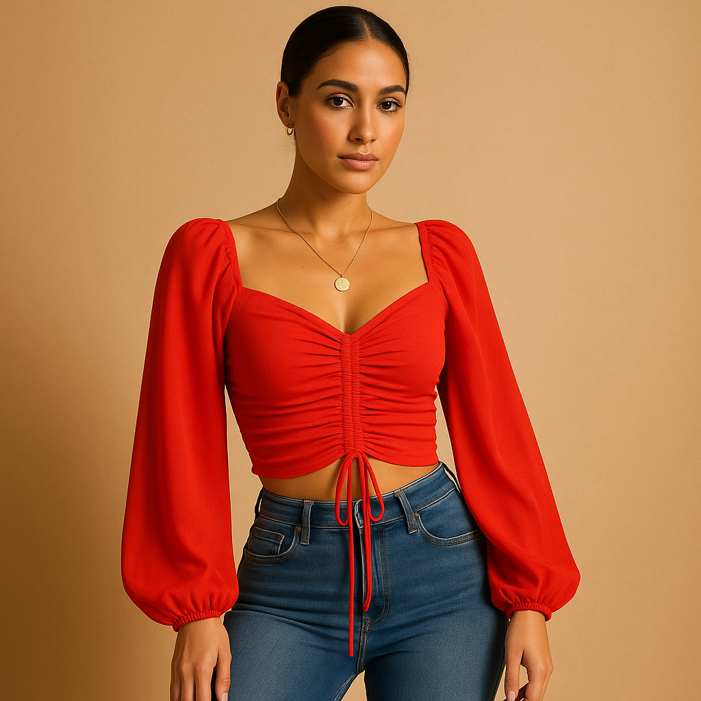 Women’s sweetheart neckline blouse with lace-up detail in multiple colors, ideal for casual wear and festive occasions.