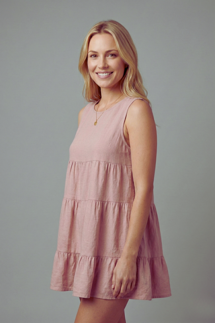 Women’s sleeveless top with round neckline and tiered hem detail, suitable for casual wear and relaxed summer outfits.