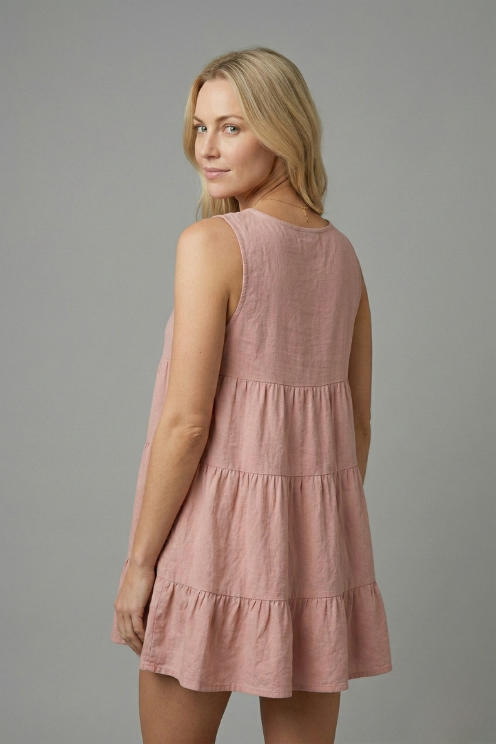 Women’s sleeveless top with round neckline and tiered hem detail, suitable for casual wear and relaxed summer outfits.