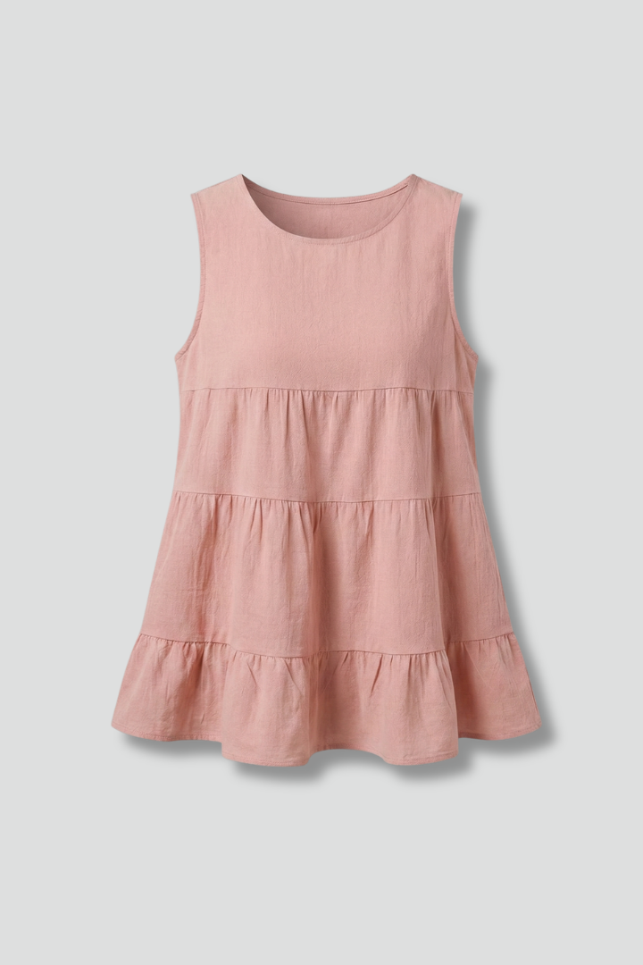 Women’s sleeveless top with round neckline and tiered hem detail, suitable for casual wear and relaxed summer outfits.