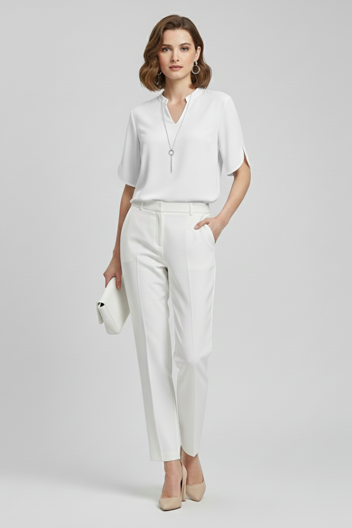 Women’s V-neck blouse with short sleeves, loose fit, and straight hem, suitable for everyday wear and office outfits.