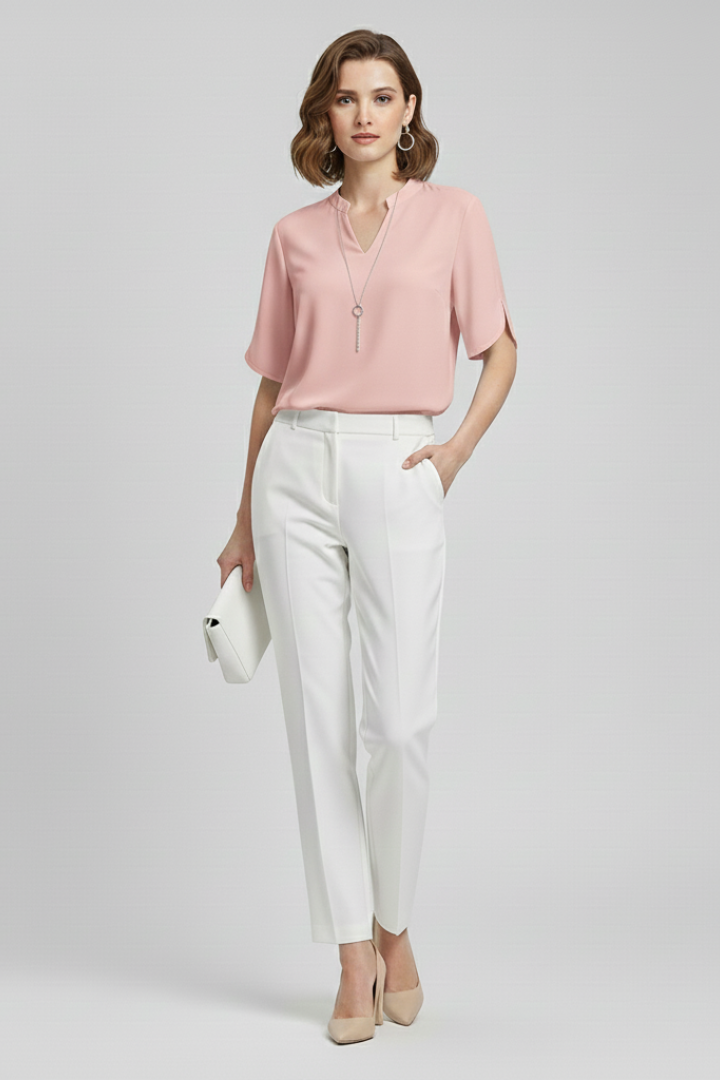 Women’s V-neck blouse with short sleeves, loose fit, and straight hem, suitable for everyday wear and office outfits.