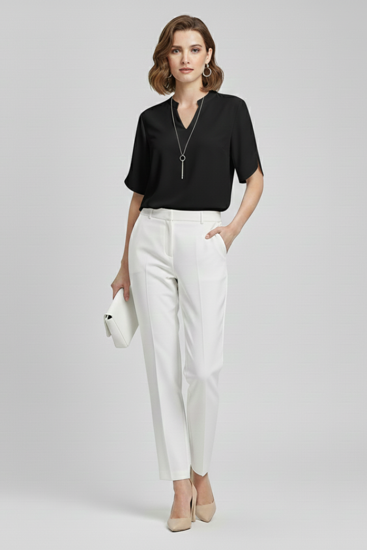 Women’s V-neck blouse with short sleeves, loose fit, and straight hem, suitable for everyday wear and office outfits.