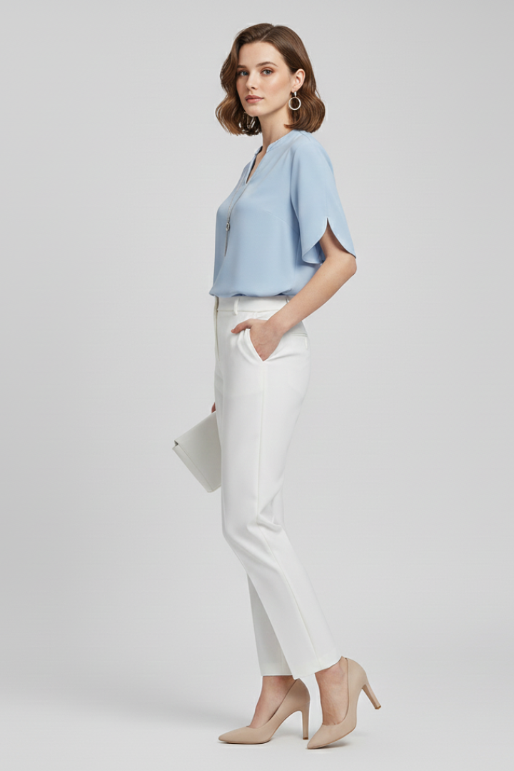 Women’s V-neck blouse with short sleeves, loose fit, and straight hem, suitable for everyday wear and office outfits.