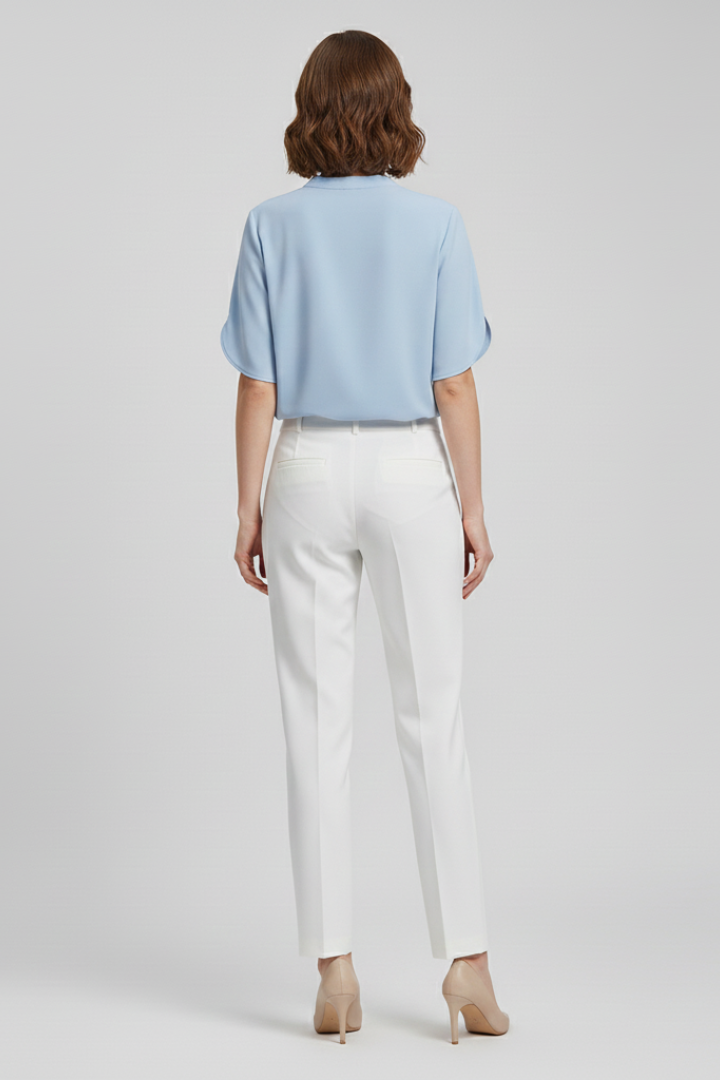 Women’s V-neck blouse with short sleeves, loose fit, and straight hem, suitable for everyday wear and office outfits.