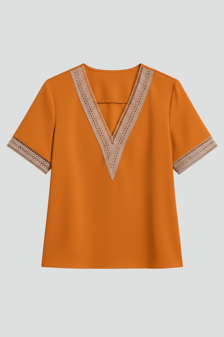 Women’s V-neck blouse with decorative trim, short sleeves, and straight fit, suitable for everyday wear and office outfits.