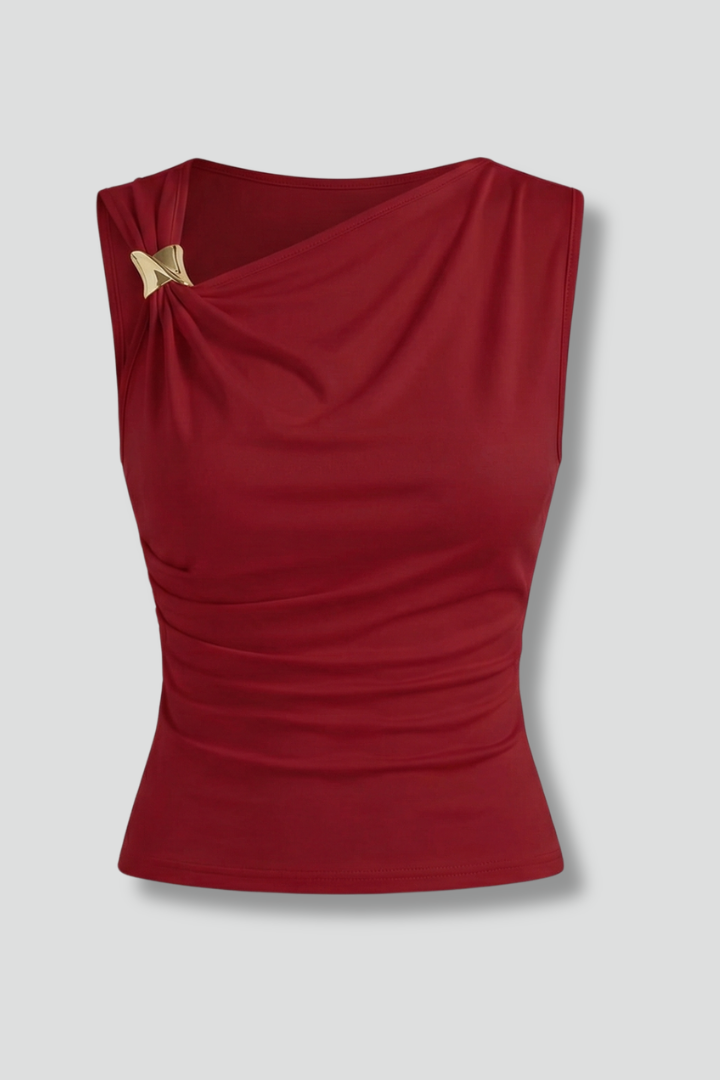 Women’s sleeveless top with asymmetrical neckline, single shoulder strap, and draped front detail, suitable for casual and evening outfits.