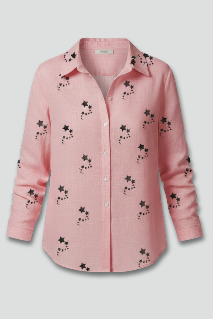 Women’s blouse with button front and floral print, featuring long sleeves and a round neckline for everyday and work styling.