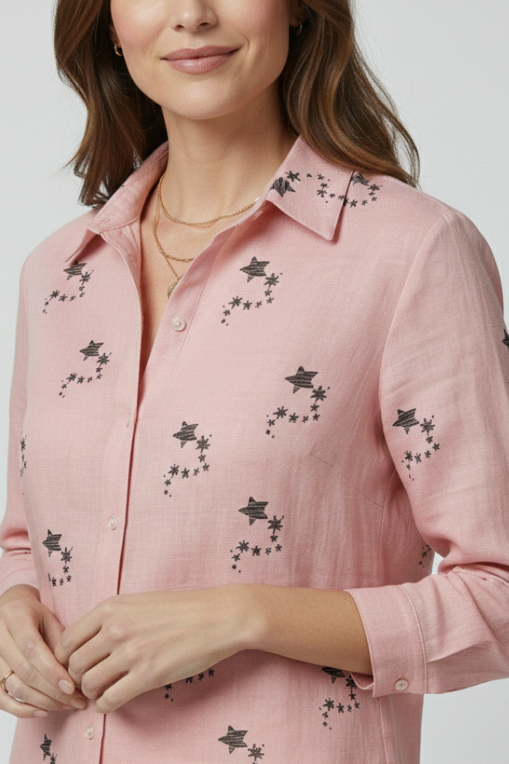 Women’s blouse with button front and floral print, featuring long sleeves and a round neckline for everyday and work styling.