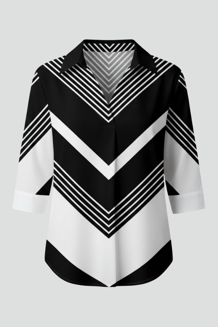 Women’s blouse with chevron stripe print and button front detail, featuring three-quarter sleeves and an asymmetrical hem for everyday styling.