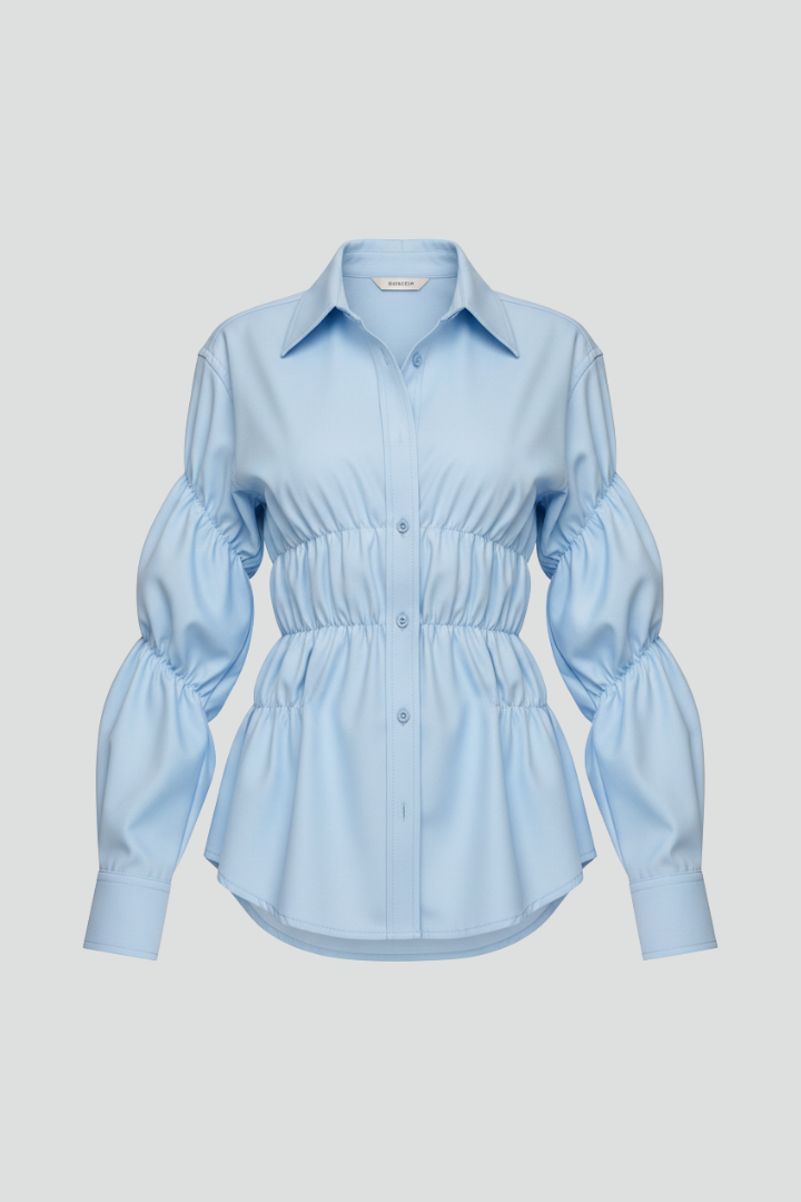 Women’s blouse with front buttons and gathered waist detail, featuring long sleeves and a flared hem for everyday and workwear styling.