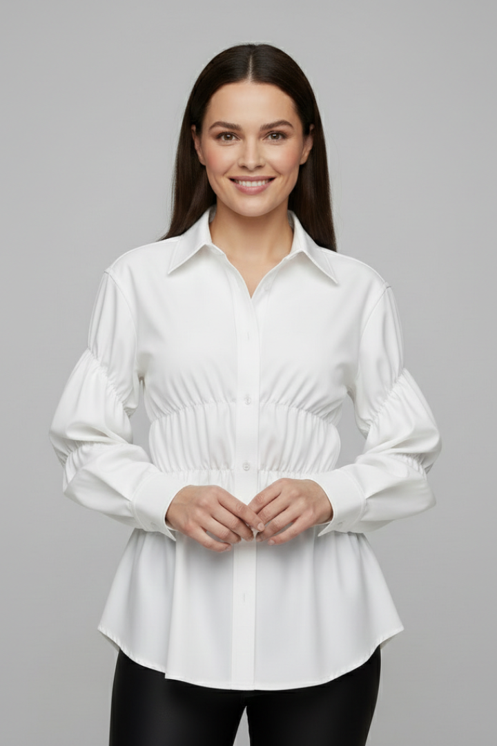 Women’s blouse with front buttons and gathered waist detail, featuring long sleeves and a flared hem for everyday and workwear styling.
