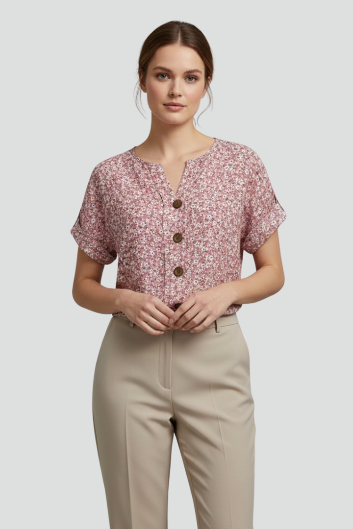 Women’s short sleeve blouse with round neckline, button front, printed surface, and straight hem for casual everyday styling.