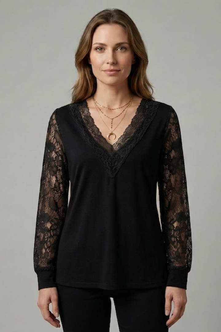 Women’s blouse with textured lace sleeves, structured V-neckline, straight hem, and smooth woven surface for elegant everyday styling.
