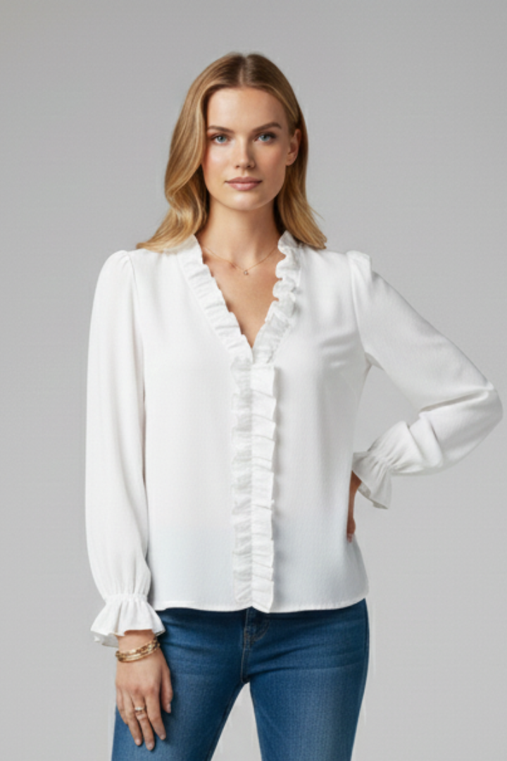 Women’s blouse featuring a V-neckline with vertical ruffle detail and long sleeves with gathered cuffs, suitable for office and everyday wear.