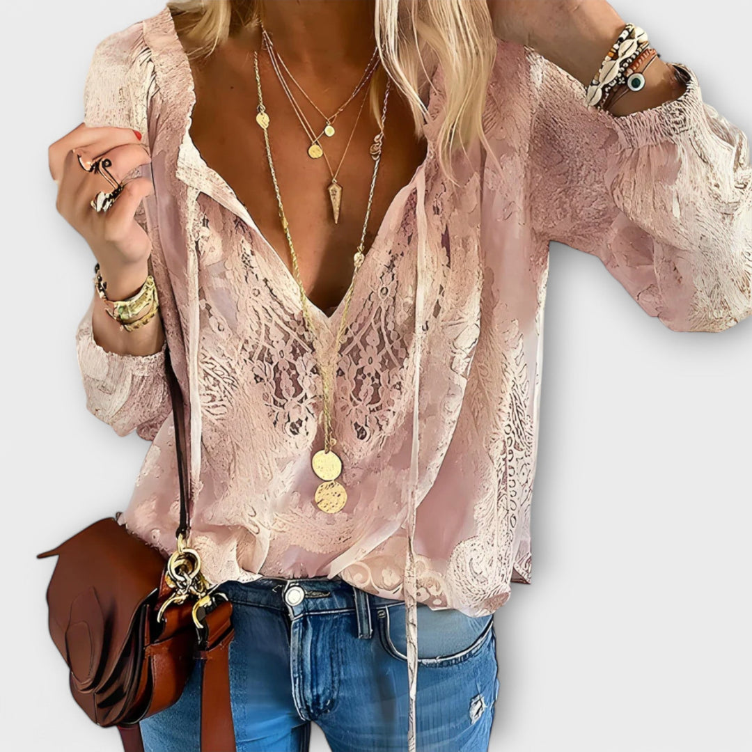Women’s boho top with a V-neckline, long sleeves, and relaxed fit, perfect for casual summer outfits, vacations, and everyday wear.