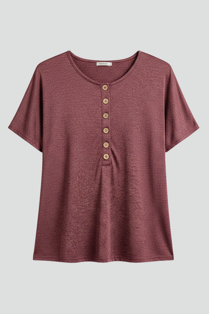 Women’s T-shirt with round neckline and button placket detail, designed for everyday wear and casual outfits.