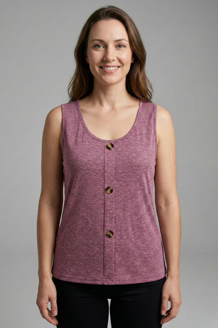 Women’s sleeveless top with V-neckline, decorative front buttons, and wide straps, suitable for casual wear and office outfits.