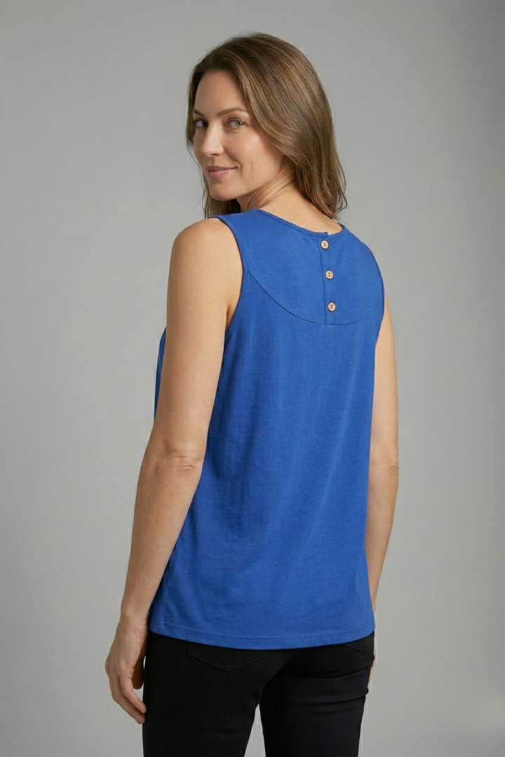 Women’s sleeveless top with round neckline, button placket, and gathered front detail, suitable for casual wear and office outfits.
