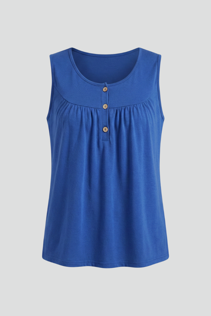 Women’s sleeveless top with round neckline, button placket, and gathered front detail, suitable for casual wear and office outfits.