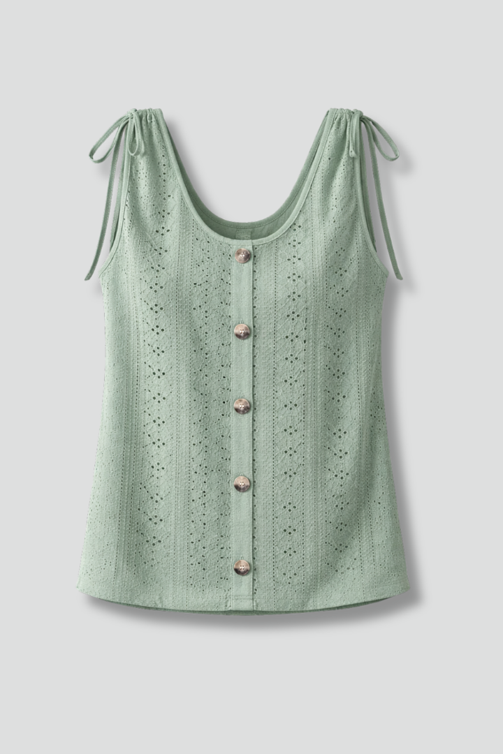Women’s sleeveless vest top with round neckline, full button front, and textured knit pattern, suitable for casual wear and office outfits.