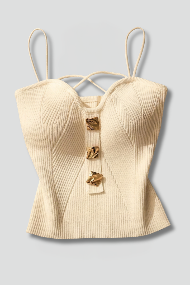 Women’s ribbed camisole top with spaghetti straps, button detail, fitted bustier shape, and cropped hem for modern styling.