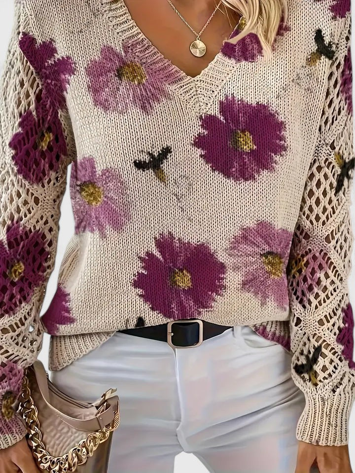 Women’s cardigan with a floral pattern, V-neckline, and open-weave sleeves, ideal for casual outings, office wear, and layered styling.