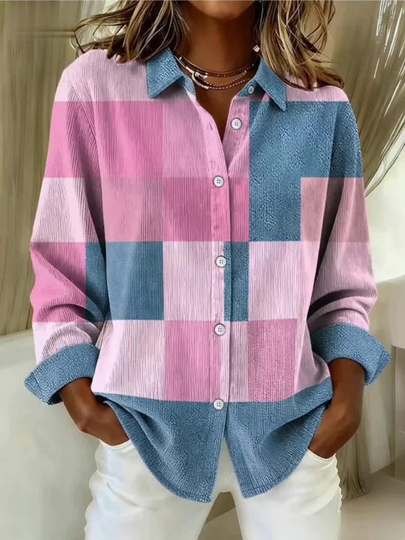 Women’s check blouse with button-front closure, collared neckline, and pastel block pattern in pink, lilac, and blue, suitable for everyday styling.