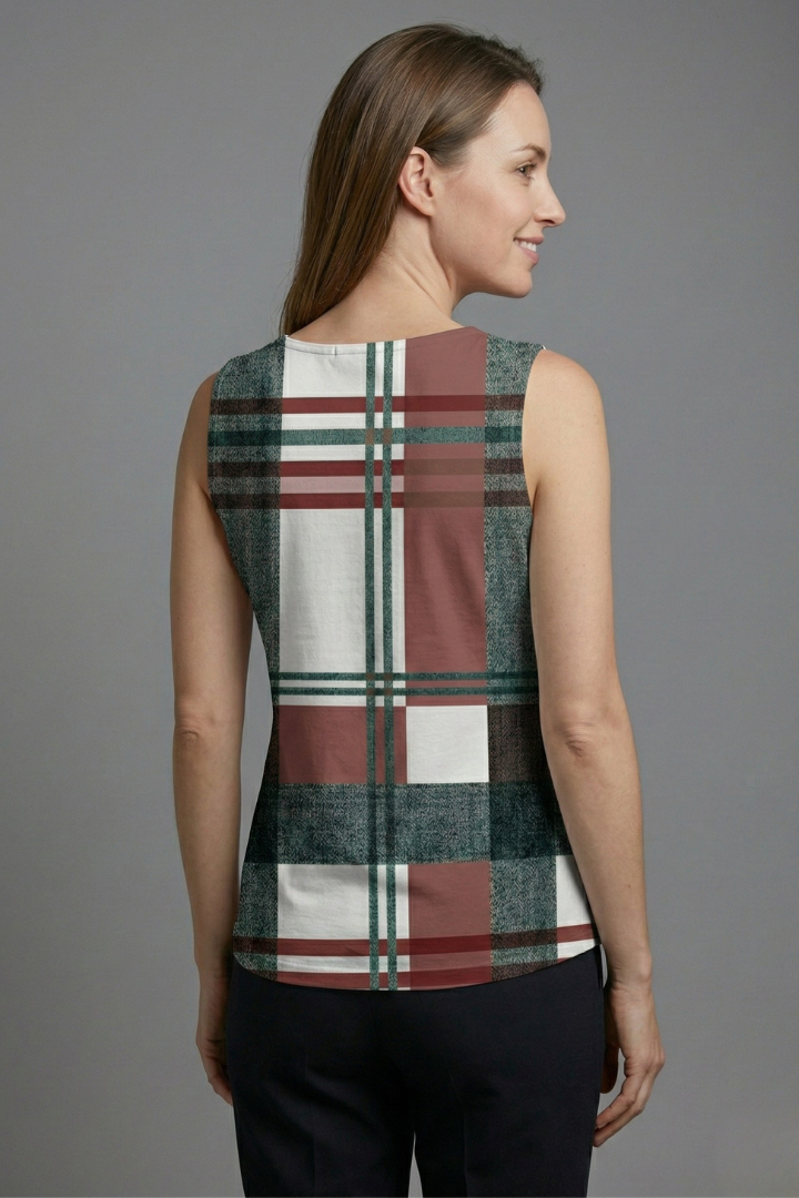 Women’s sleeveless top with V-neckline, decorative buttons, and check pattern, suitable for casual wear and office outfits.
