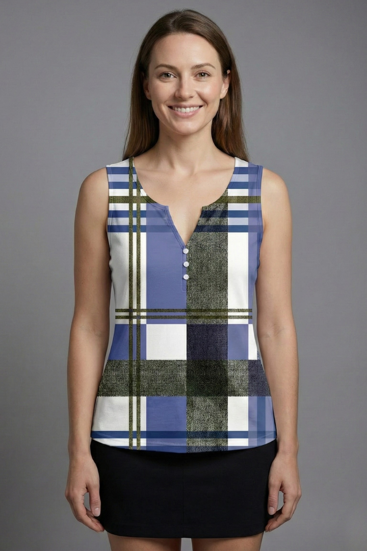 Women’s sleeveless top with V-neckline, decorative buttons, and check pattern, suitable for casual wear and office outfits.