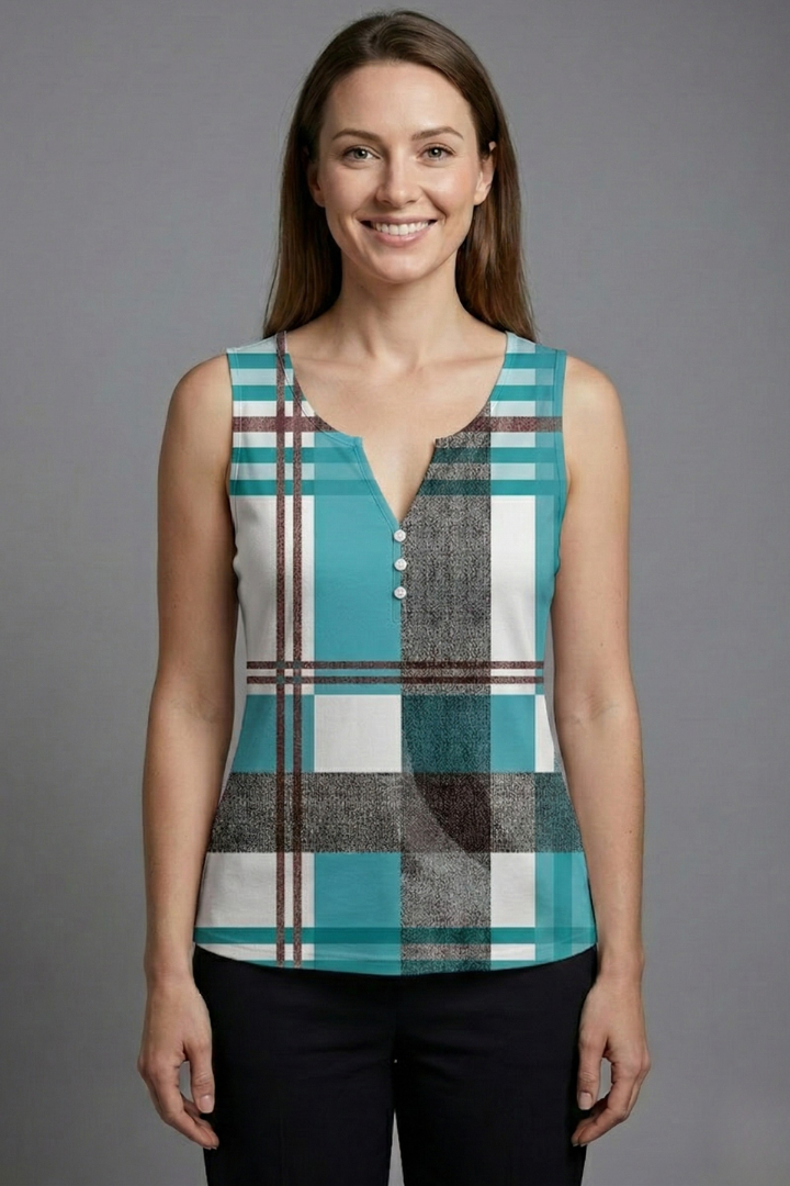 Women’s sleeveless top with V-neckline, decorative buttons, and check pattern, suitable for casual wear and office outfits.